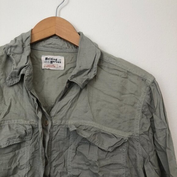 HOLDING HORSES ANTHROPOLOGIE Sunwashed Tunic Top Green Long Sleeve Button Down - Picture 7 of 11